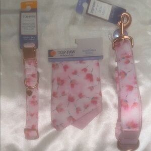 Top Paw Pink Peony Dog Collar, Leash and Bandana Slide (M)